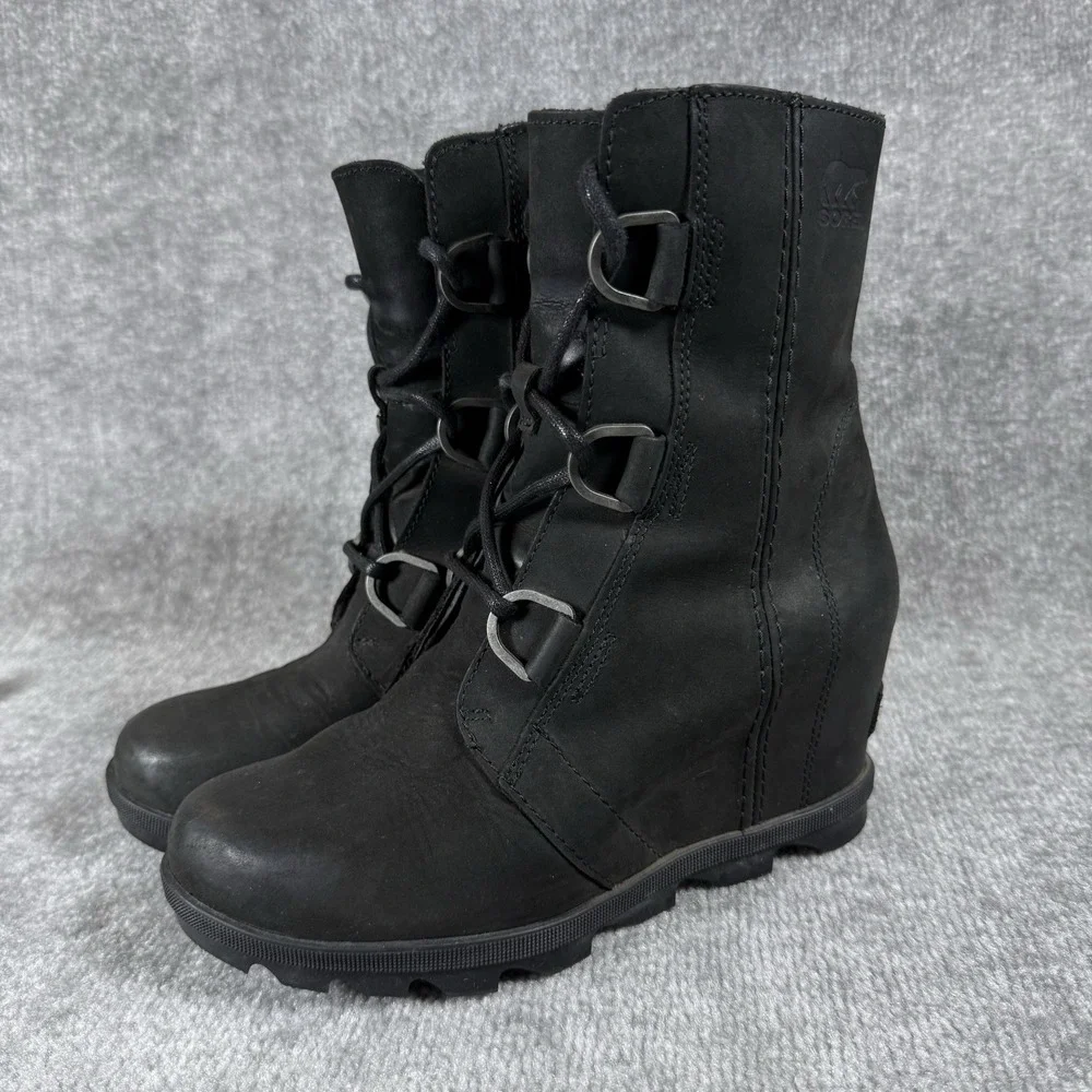 SOREL Womens 8 Joan of Arctic Wedge II Boots Black Leather Waterproof NL3018-010